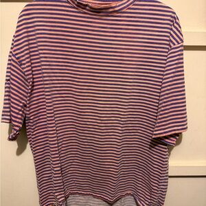 Striped Short-Sleeve Turtleneck Shirt in Pink and Blue